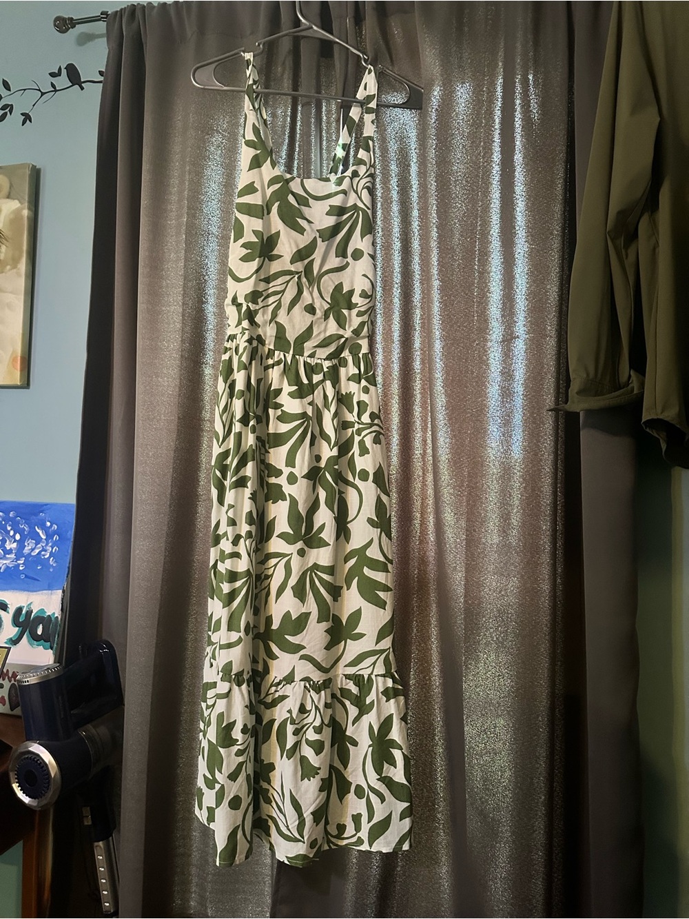 Sleeveless White Maxi Dress with Green Leaf Print
